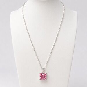 Princess Cut Necklace Silver Overlay Pink 18" Made with Swarovski Crystal